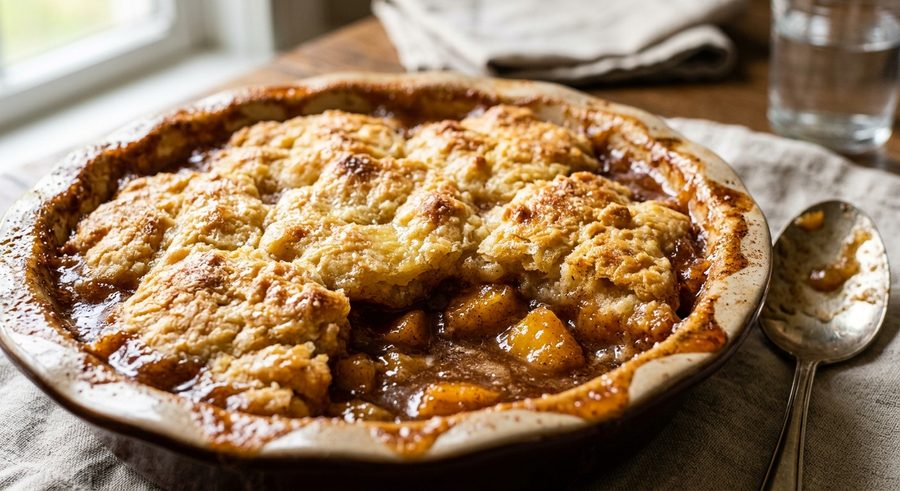 Golden Southern peach cobbler with bubbling cinnamon peaches