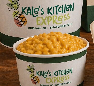 Creamy four-cheese mac and cheese in a Kale's Kitchen cup