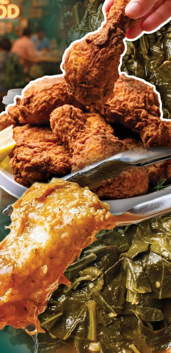 Golden fried chicken piled high with slow-simmered collard greens